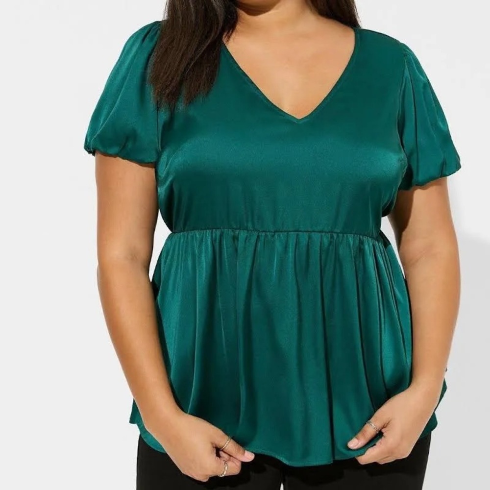 Torrid Satin V Neck Puff Sleeve Blouse